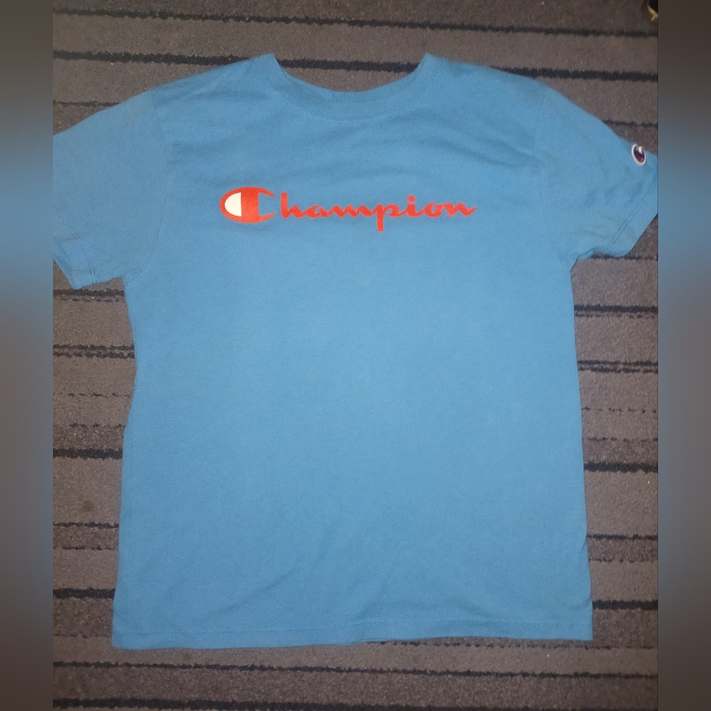 LIKE NEW SIZE XS Champion Blue T-Shirt with Red Logo And Patch Detail